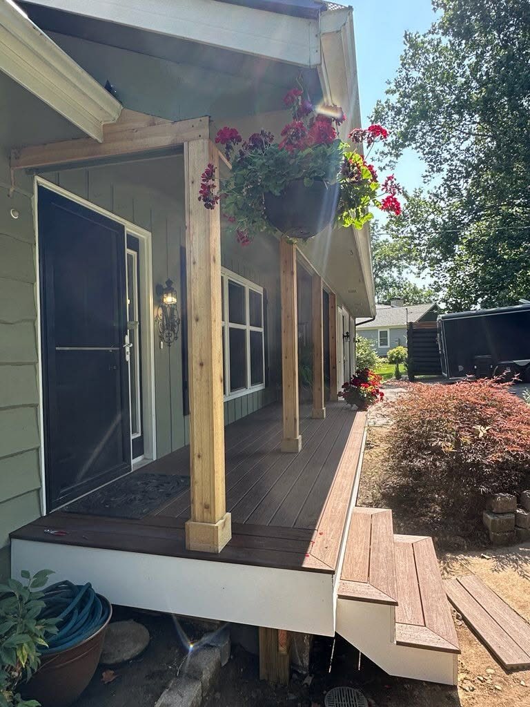 Green Ranch Porch Transformation with Wood Posts