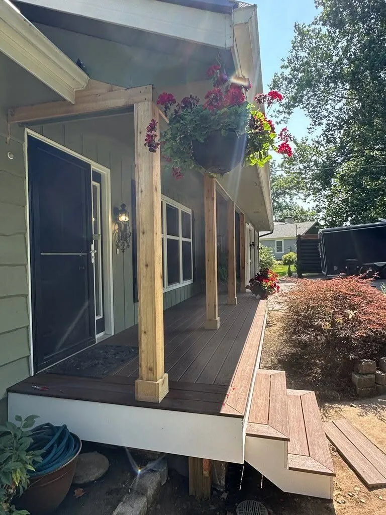 Green Ranch Porch Transformation with Wood Posts