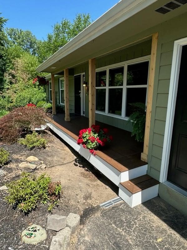 Green Ranch Porch Transformation with Wood Posts — thumbnail 3
