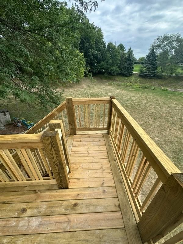 Pine Deck with Staircase to Concrete Patio & Dining Area — thumbnail 2